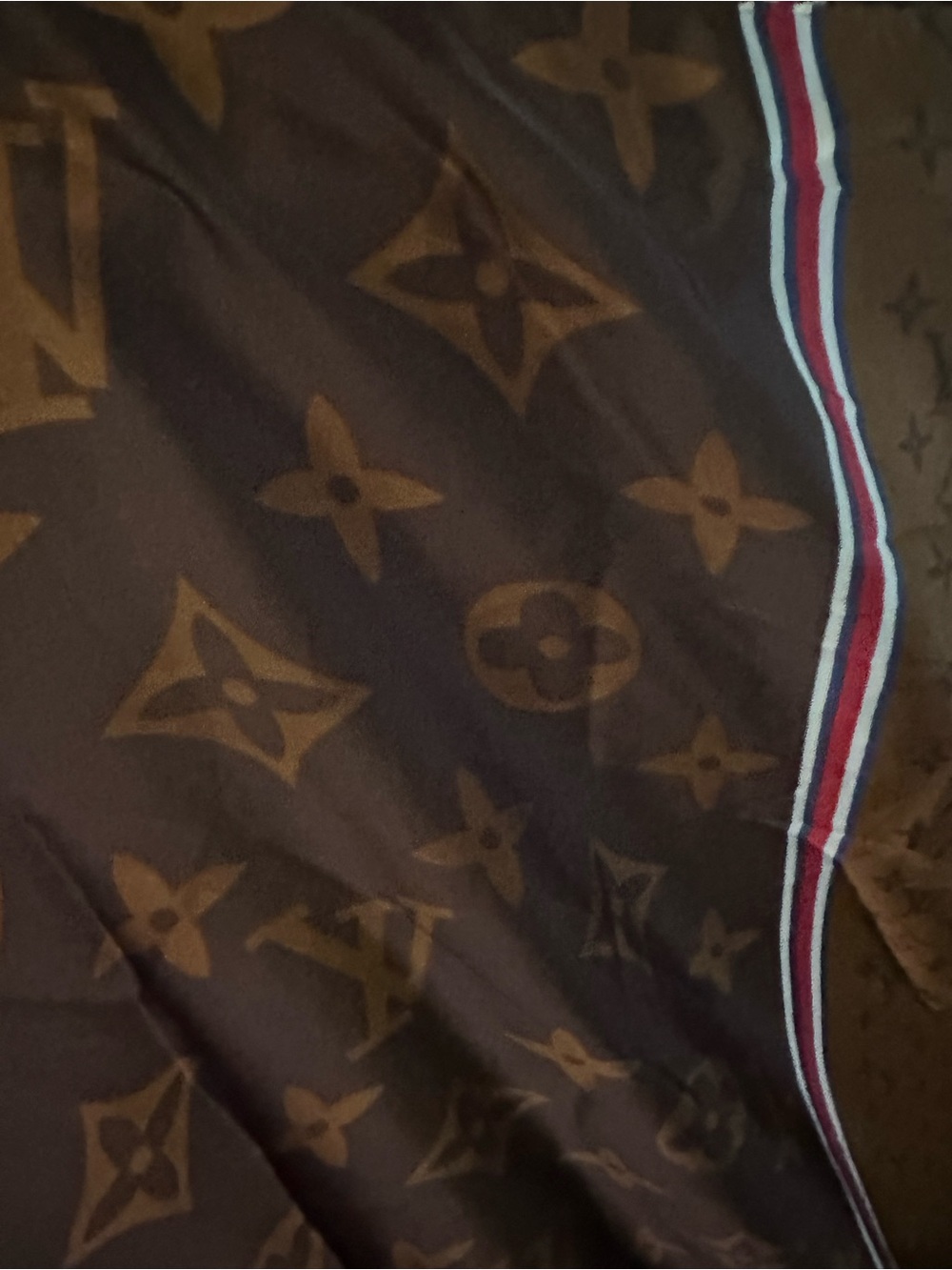 Brown Two-Tone Monogram Silk swimsuit, cover-up/moo moo with Red-White-Blue Trim - Picture 6 of 7